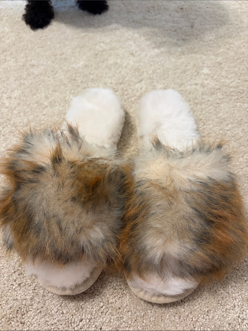 Emu White Slippers with Brown and Gray Faux Fur Trim
